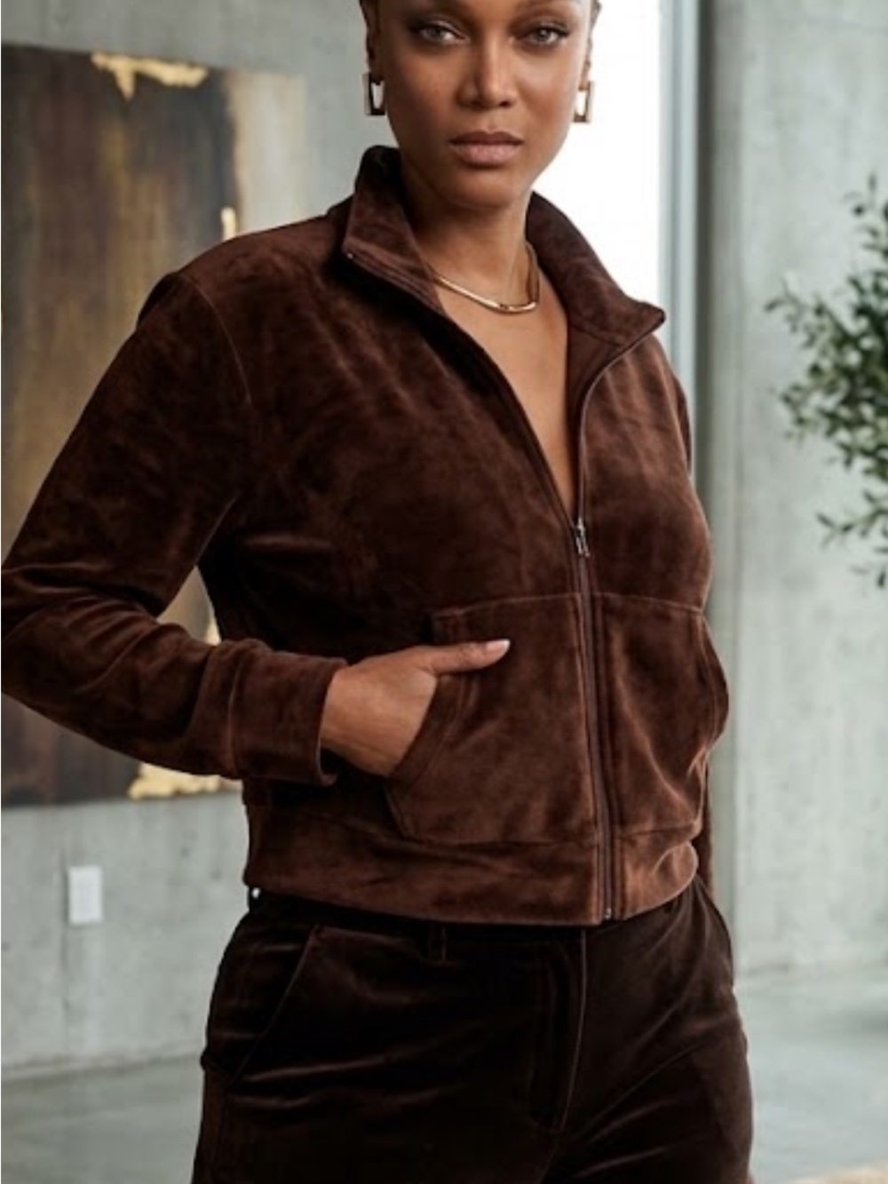 Brown Velour Cropped Track Jacket Zip Up Sweatshirt - Size M